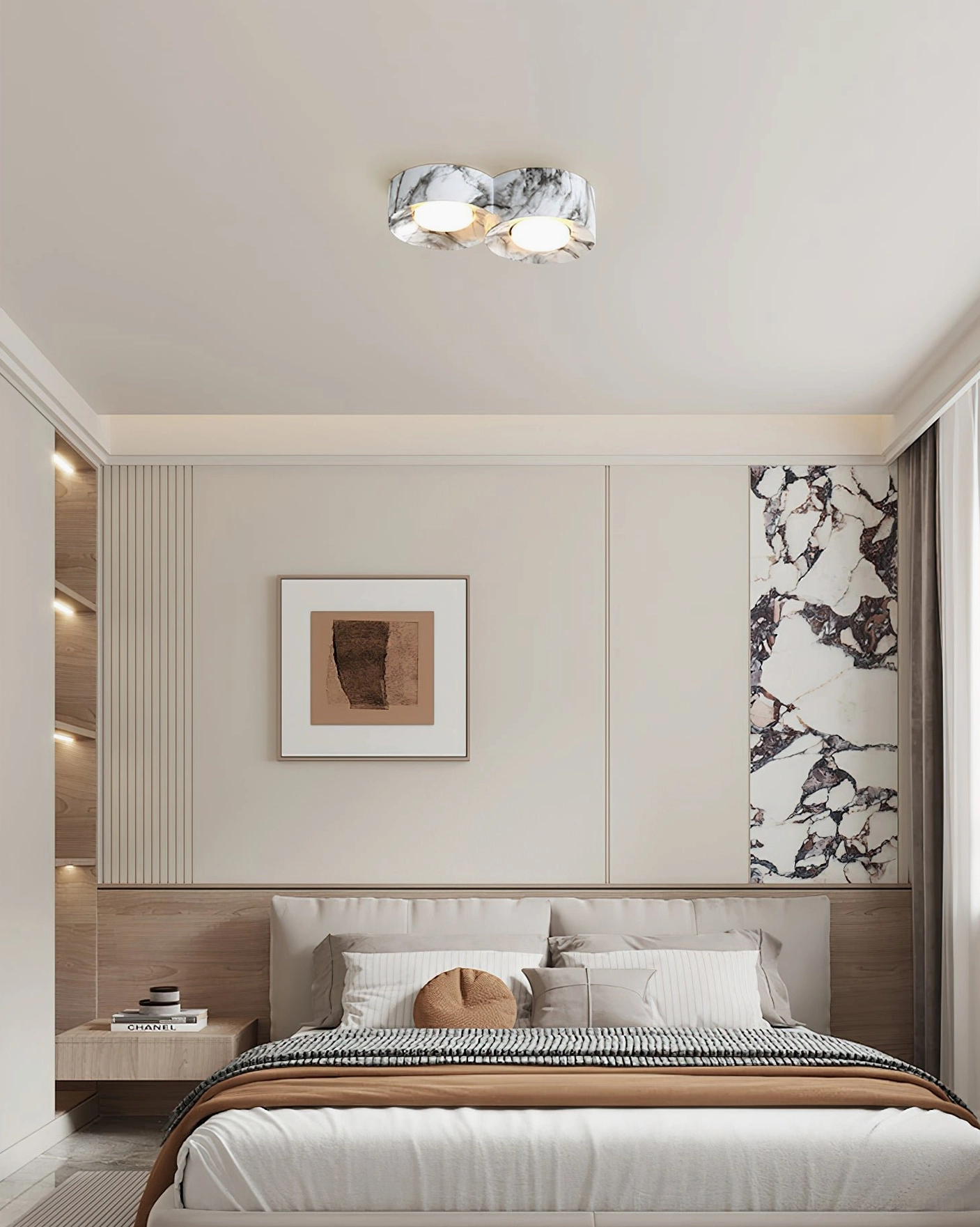 Loris dual grey marble ceiling light installed minimalist bedroom
