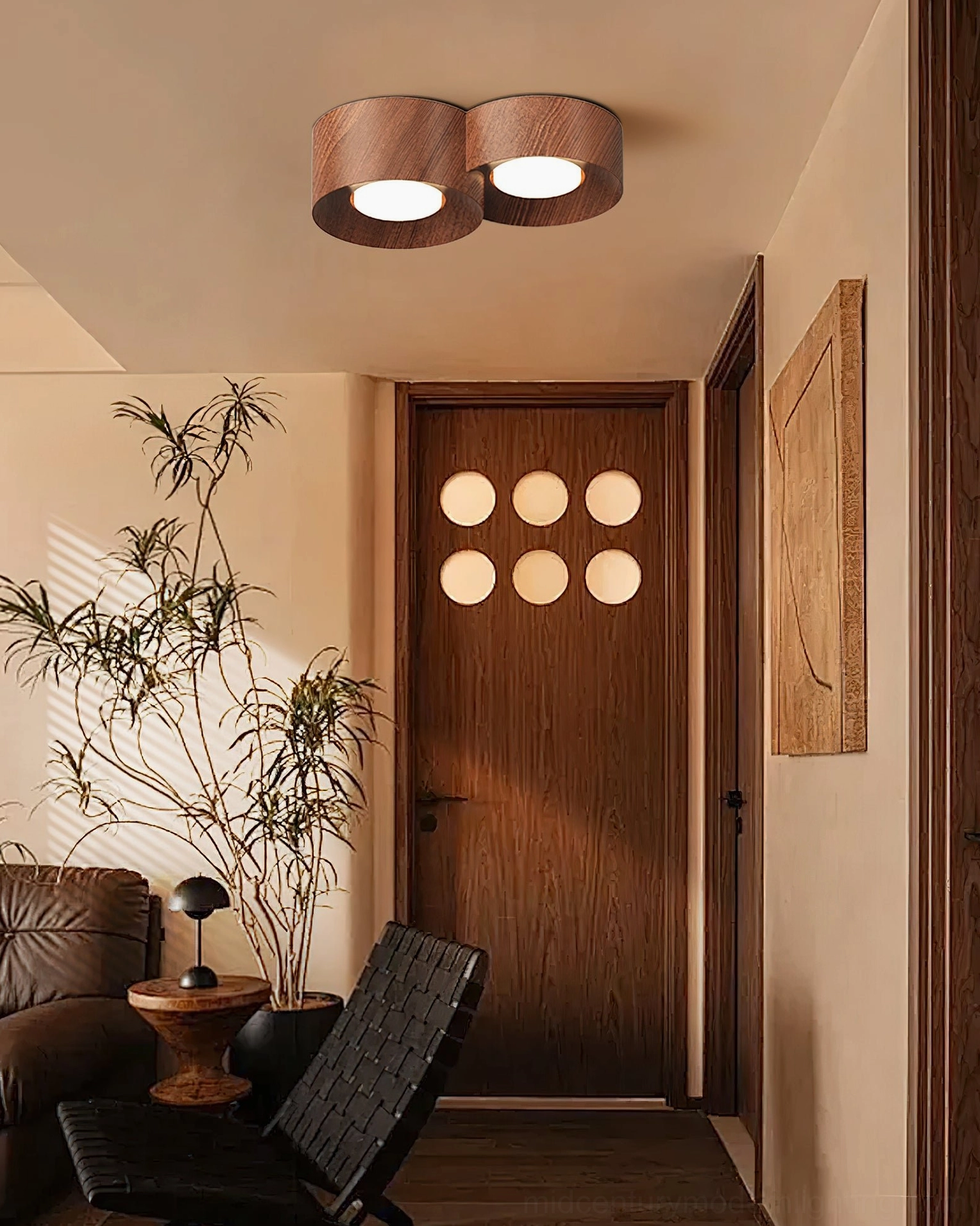 Loris dual walnut marble ceiling light installed mid-century modern entryway