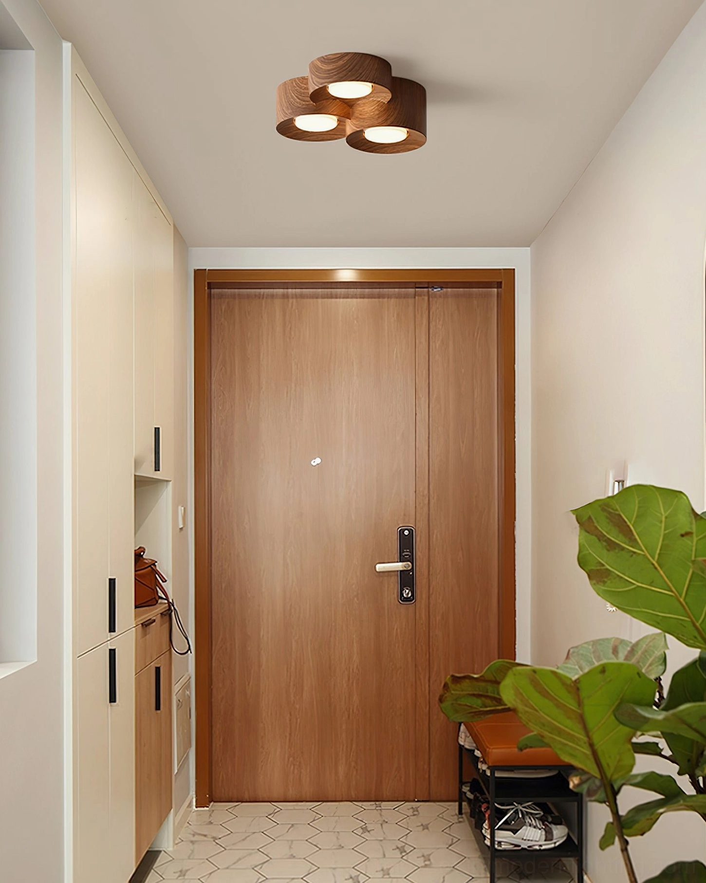 Loris two-light walnut ceiling fixture residential hallway interior design