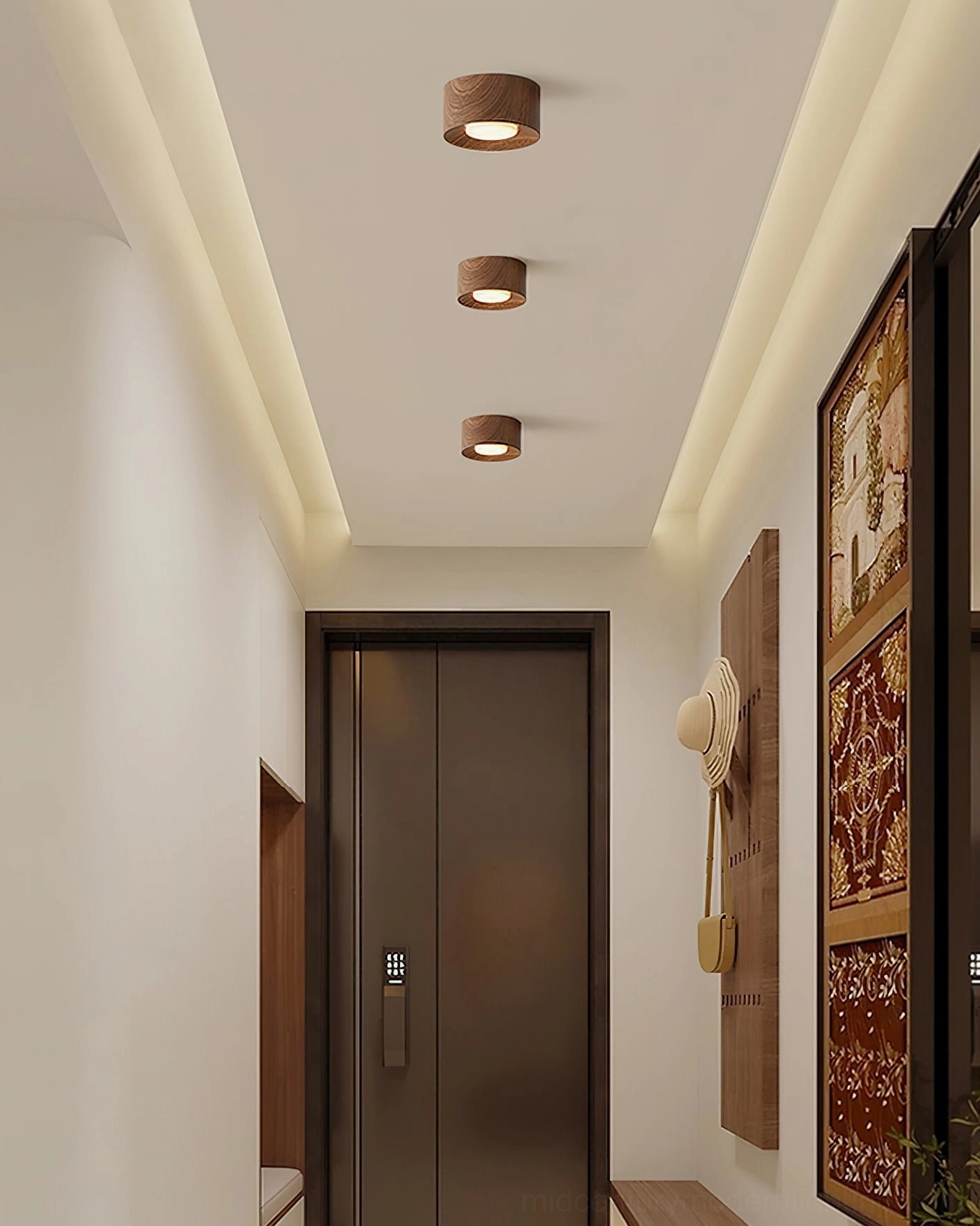 Loris single grey marble petal ceiling light installed long residential hallway