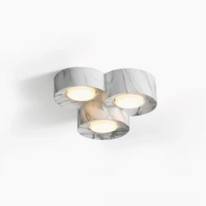 Loris triple clover ceiling light in warm walnut marble resin, top-down studio view