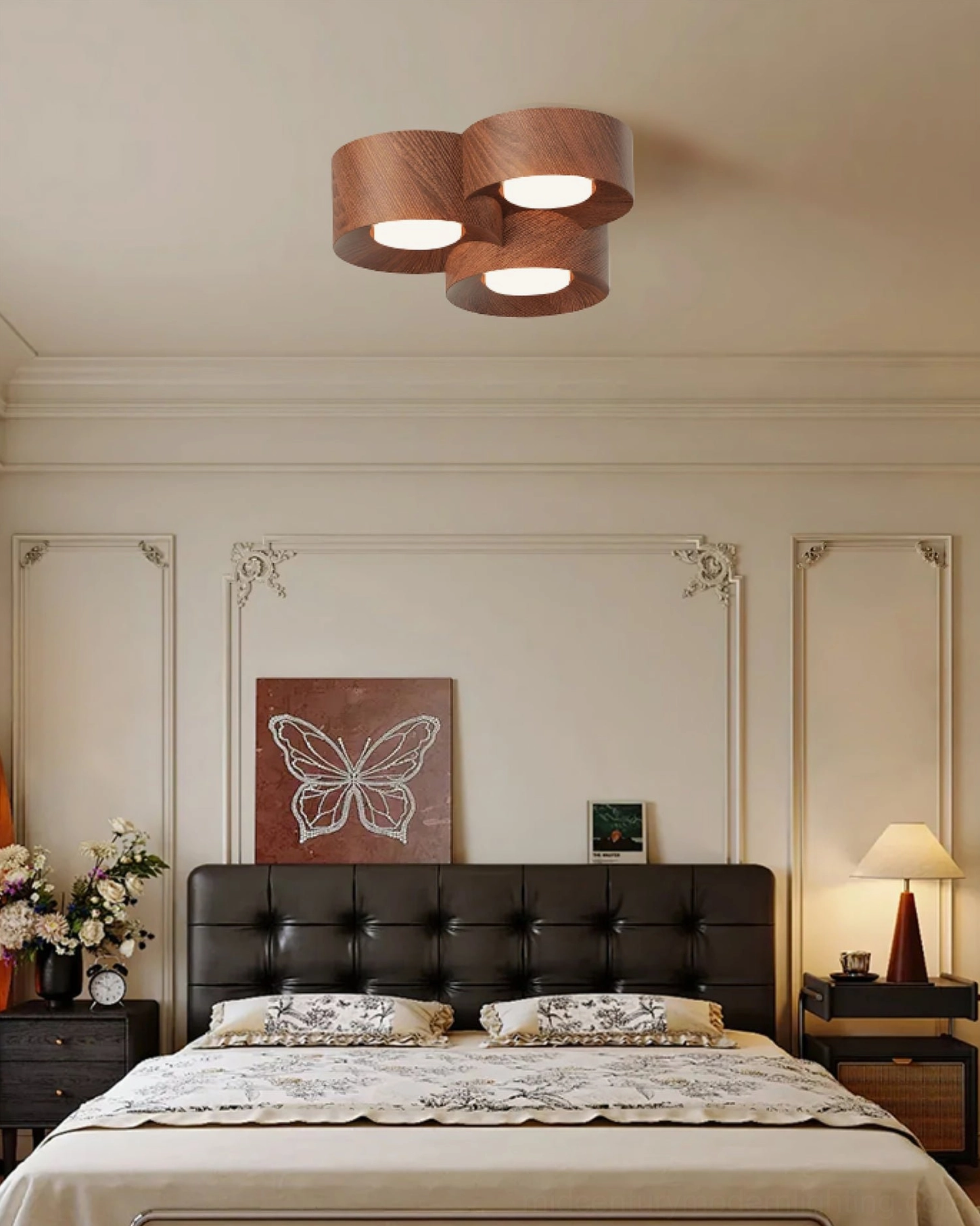 Loris triple walnut ceiling fixture warm vintage bedroom leather headboard