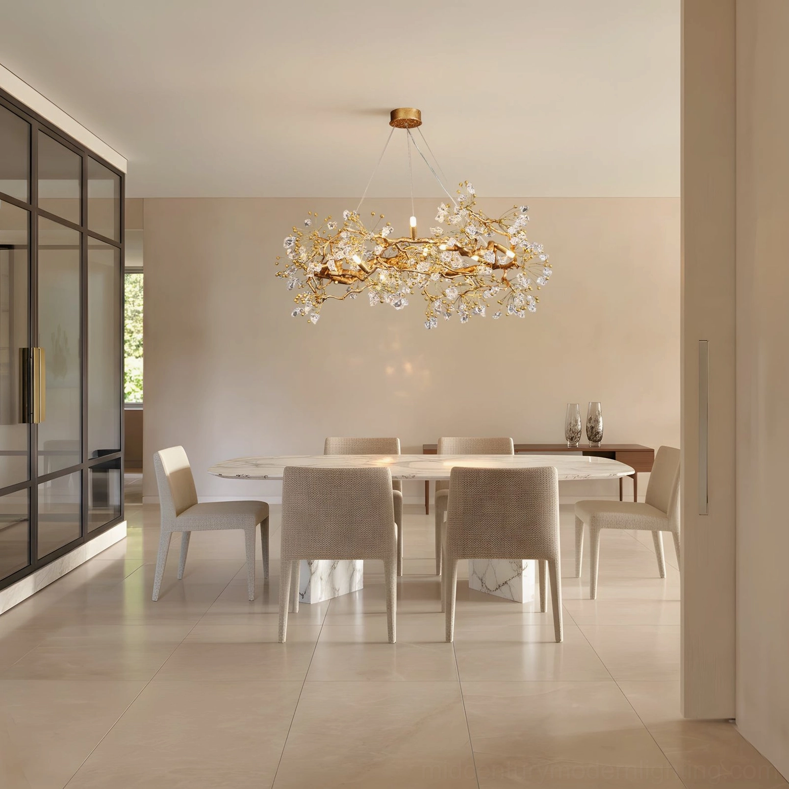 Mid-century modern brass chandelier in bright minimalist dining room