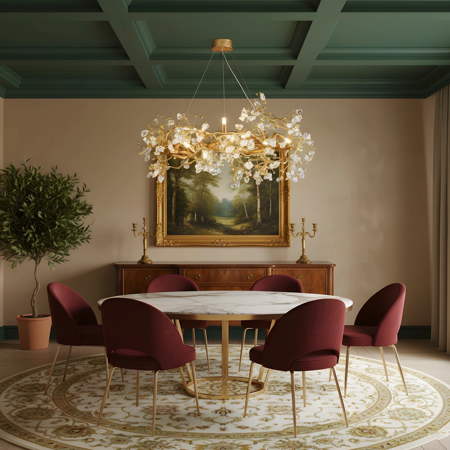 Lorna Berry chandelier in classic dining room with green coffered ceiling