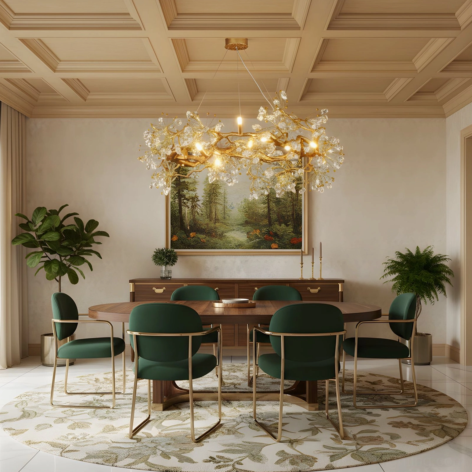 Botanical brass chandelier in formal dining space with dark green chairs
