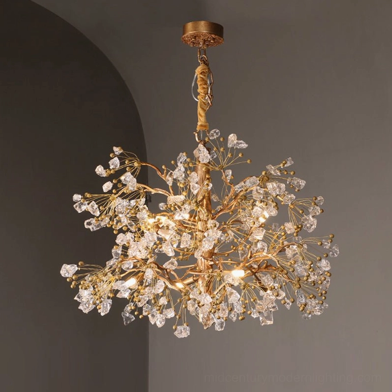 Botanical brass chandelier installation view in foyer entrance