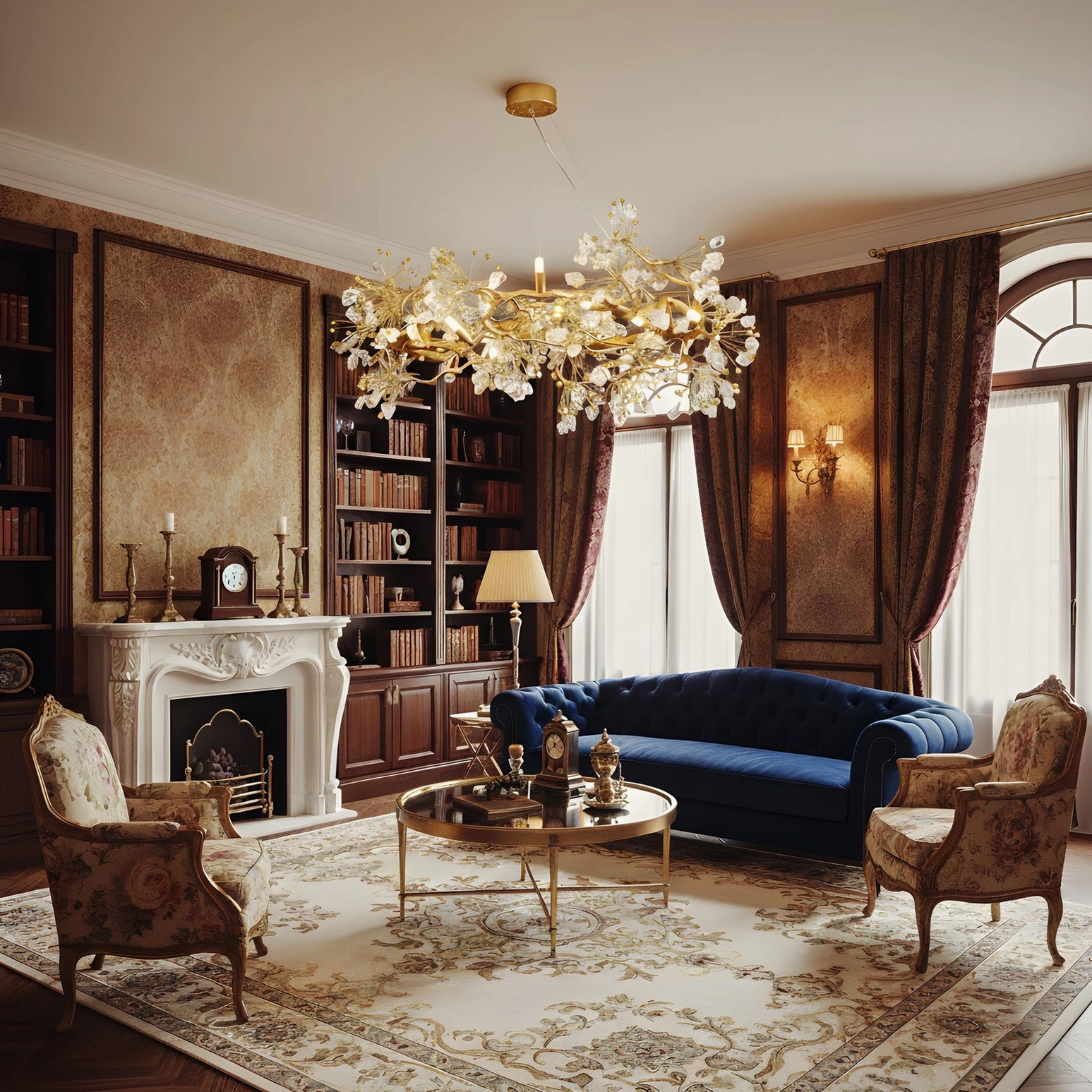Gold brass chandelier in traditional luxury living room with fireplace