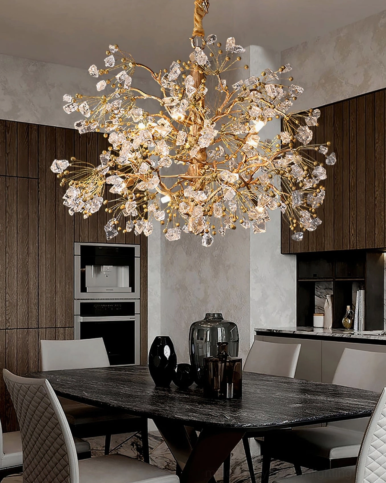Antique brass botanical chandelier multi-angle composition view