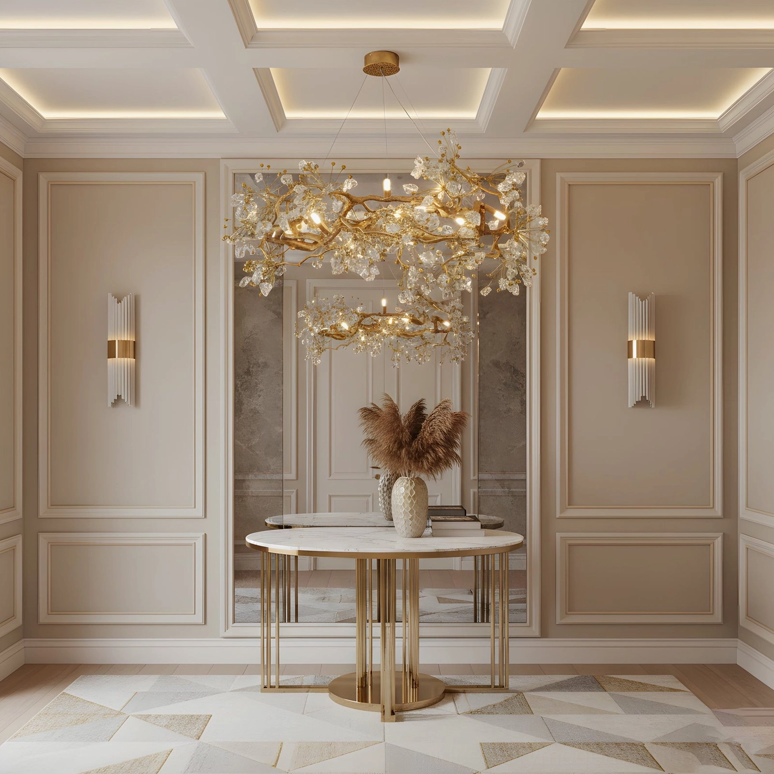 Dual brass chandeliers in neoclassical luxury foyer entrance
