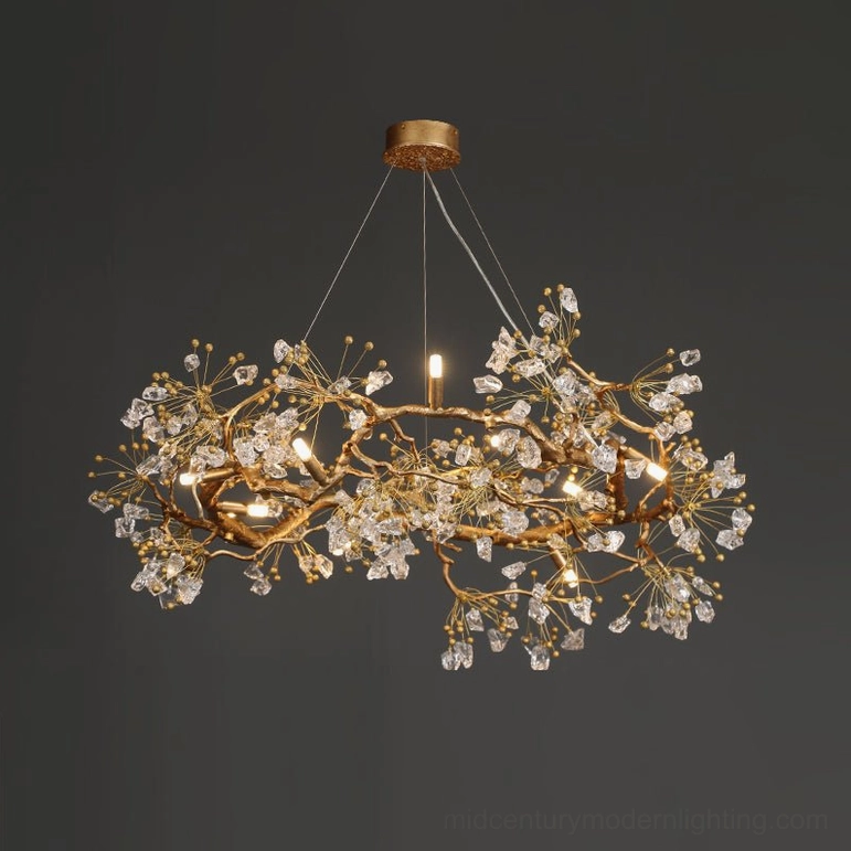 Antique brass chandelier with organic branch design and glass berries