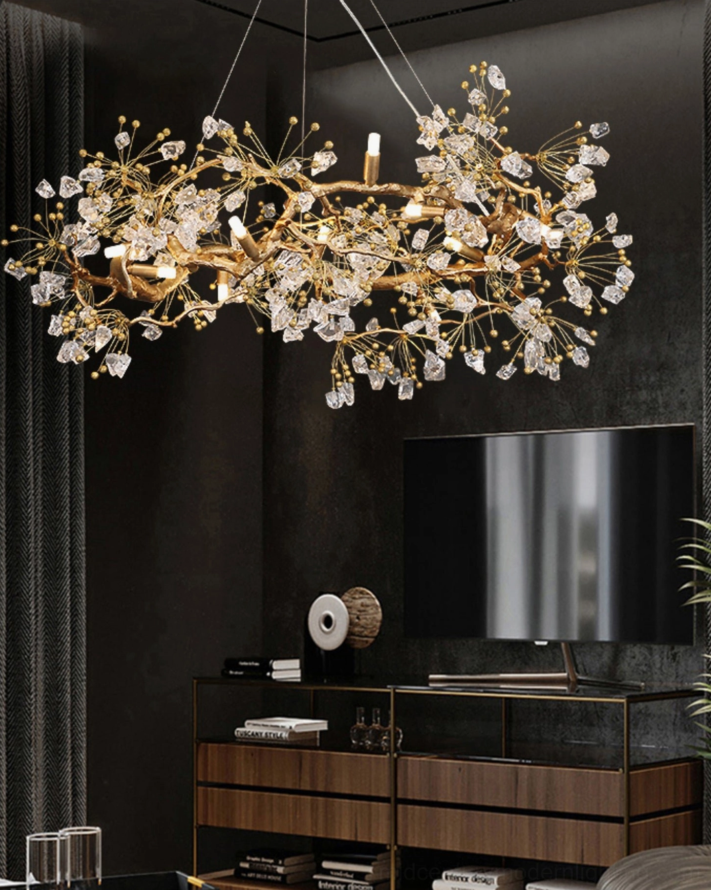 Brass chandelier with glass berries in transitional style room setting