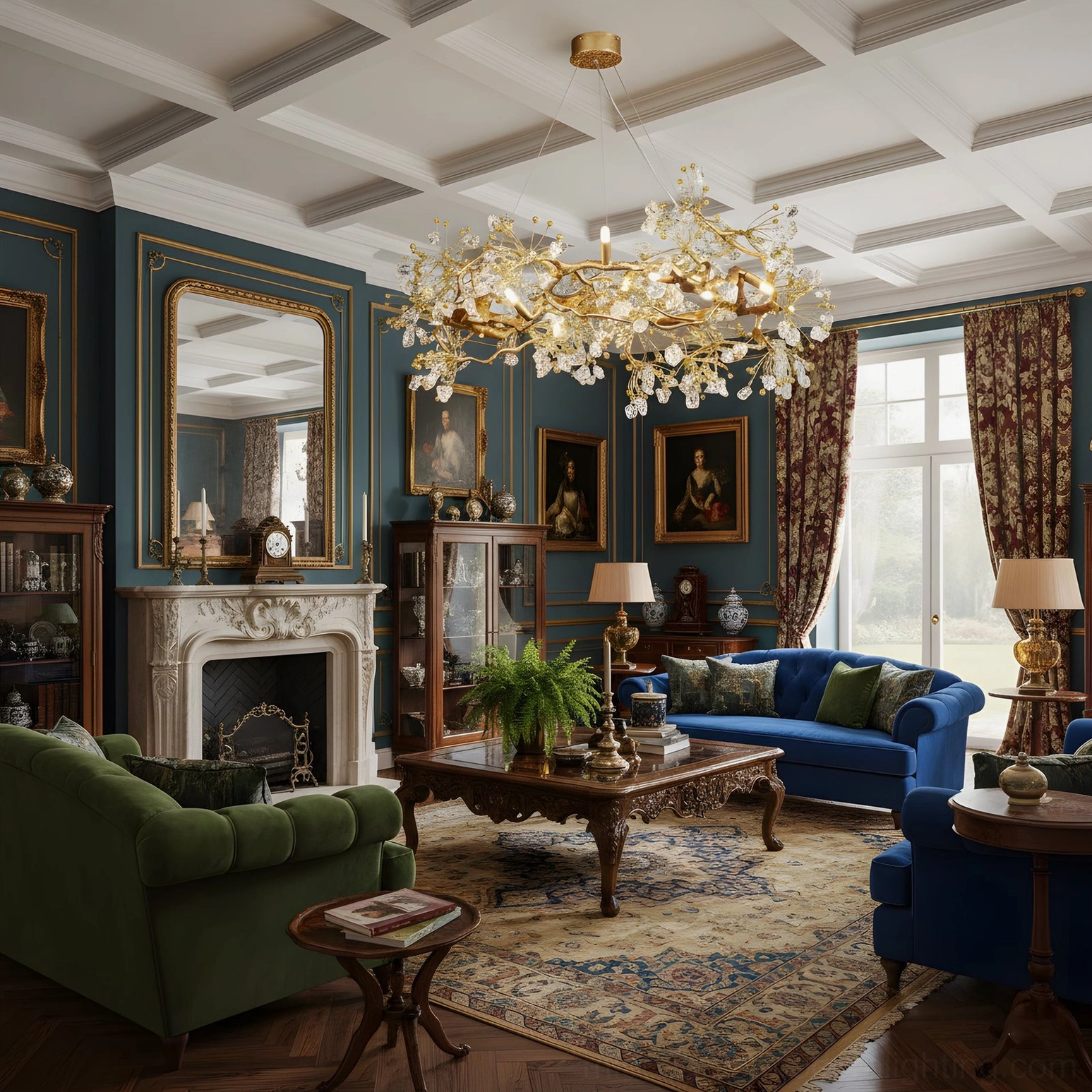 Vintage brass botanical chandelier in classic living room with velvet sofa