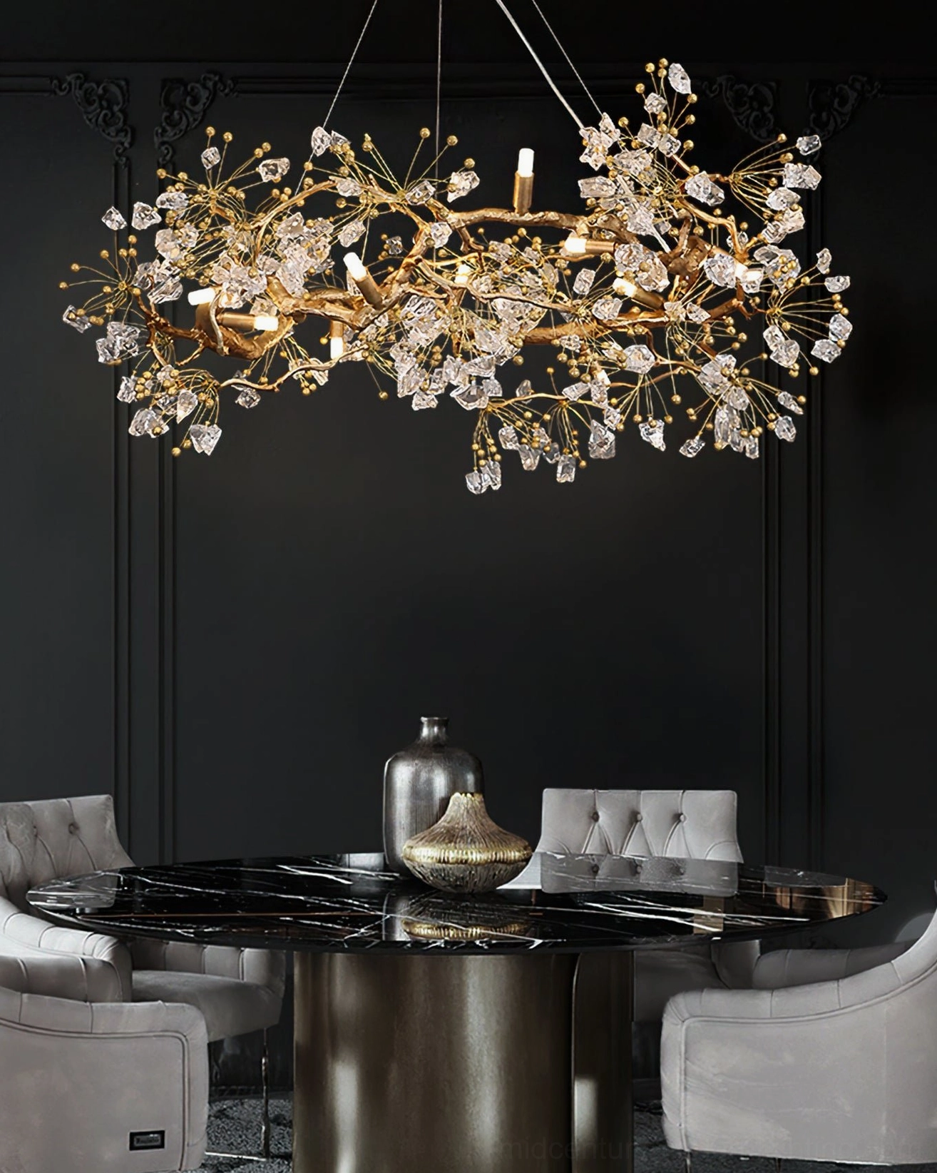 Botanical chandelier illuminated in elegant room with warm ambiance