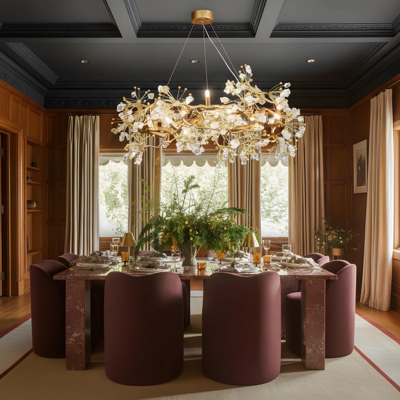 Brass berry chandelier above dining table in wood-paneled formal room