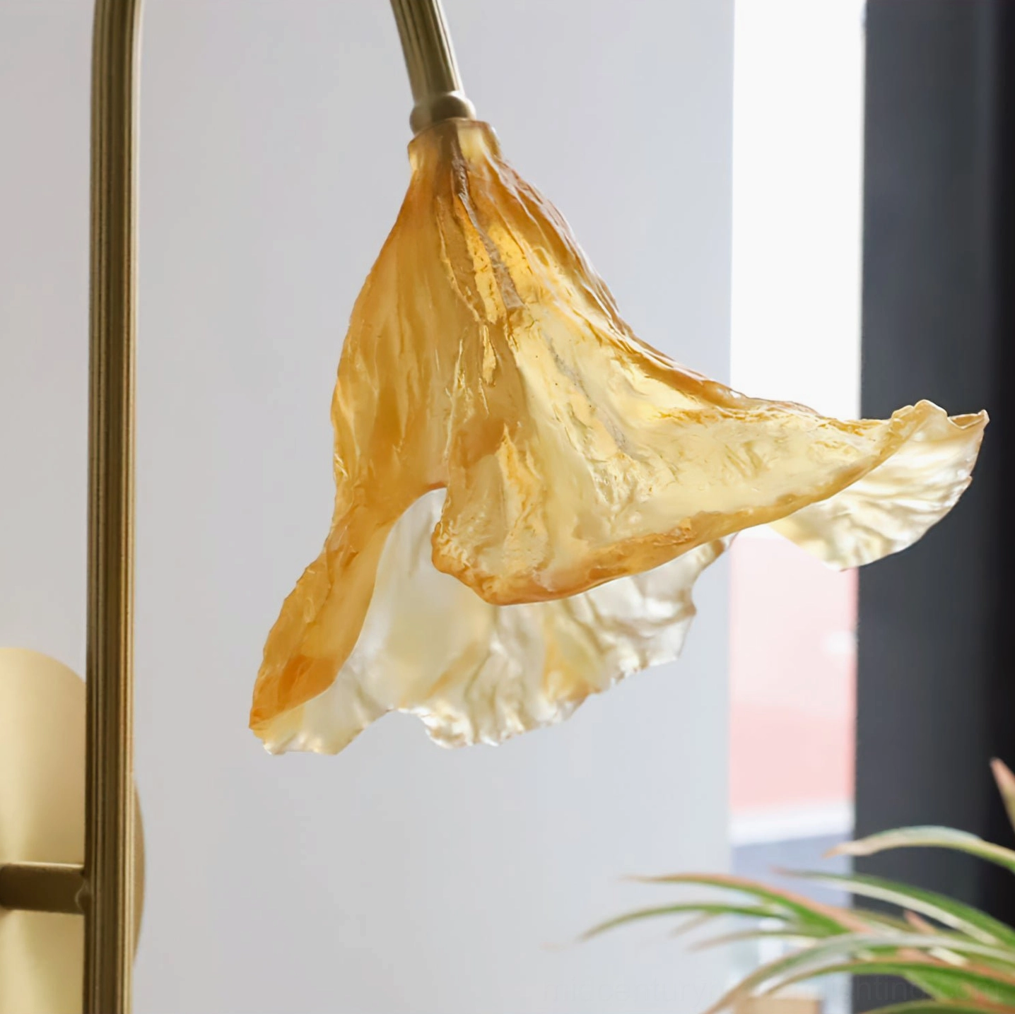 Lotus Amber Glass shade close-up detail showing translucent ruffled texture with wavy design and pearlescent inner lining