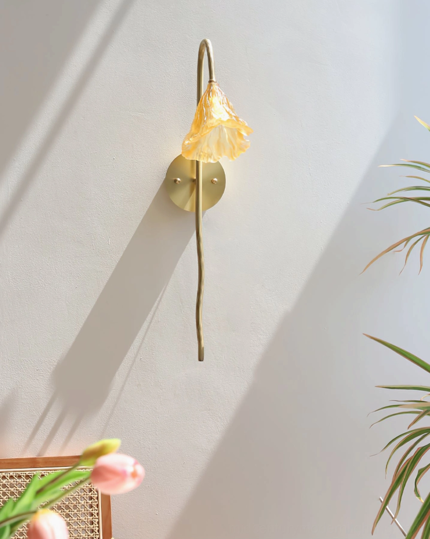 Lotus Amber Wall Sconce angled side view with soft shadow on white wall, ruffled glass shade and slender brass rod with green plant