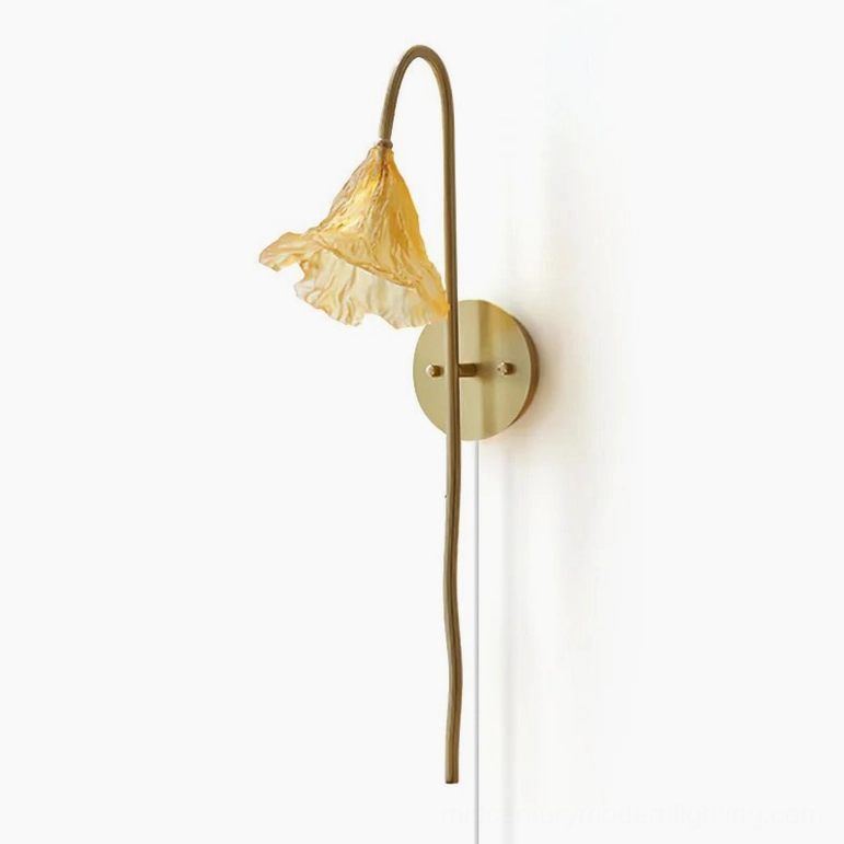 Unlit lotus amber wall sconce rear view showing brass wall plate and hand-ruffled amber glass shade construction