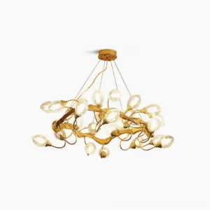 Lotus brass chandelier with 16 teardrop glass shades overhead view studio photography