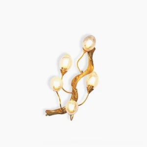 Lotus brass wall lamp with spiral arm design and egg-shaped clear glass diffusers, front view on white background