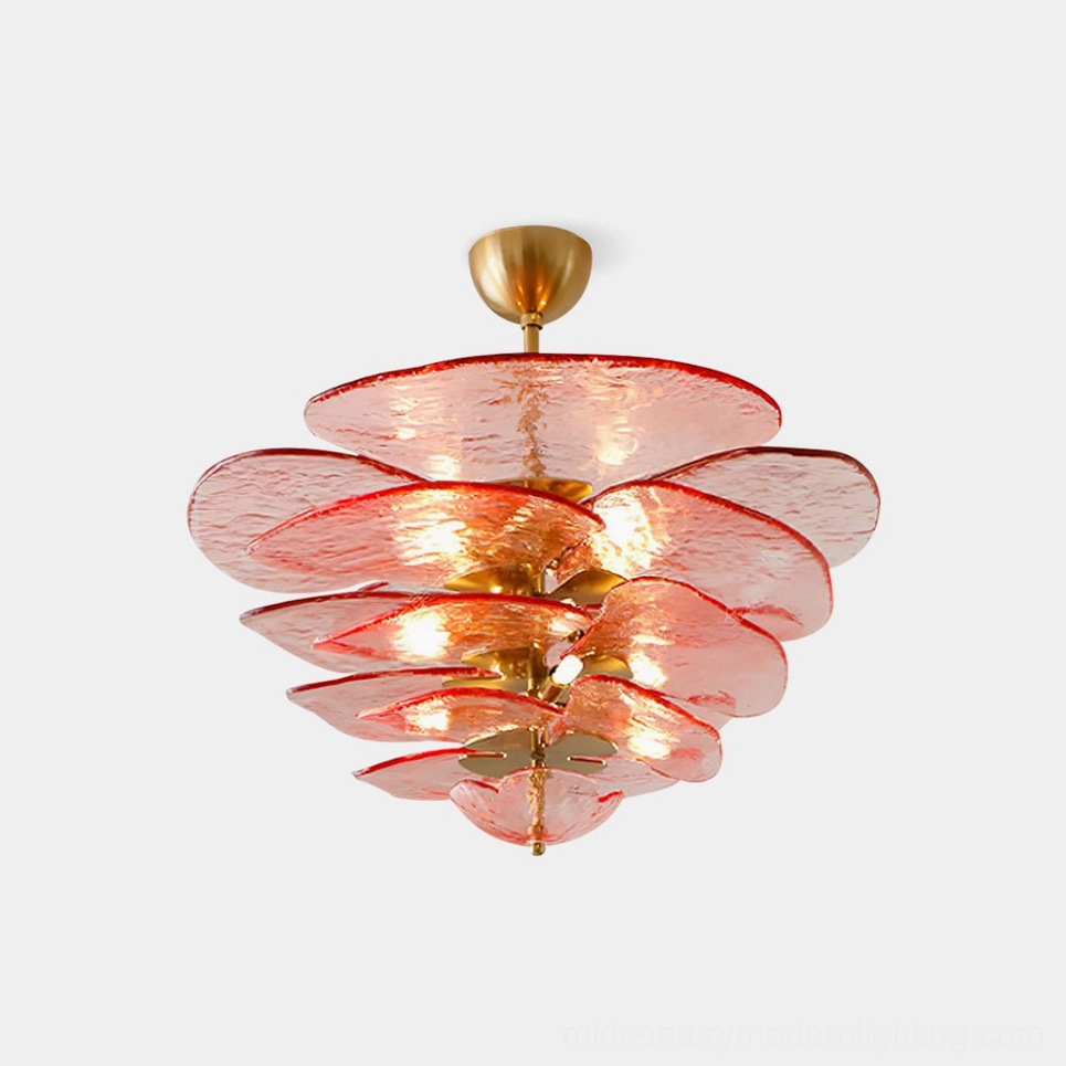 Lotus leaf Murano chandelier architectural photograph showing fixture proportion in residential space