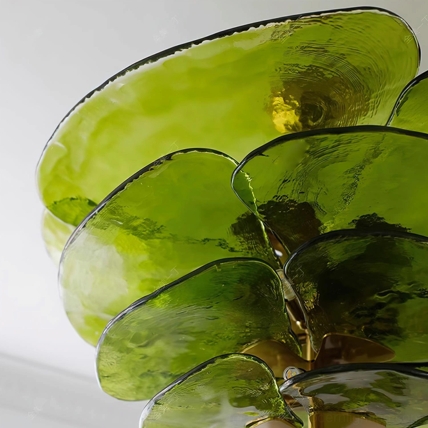 Lotus leaf Murano chandelier close-up showing hand-blown glass texture and color depth