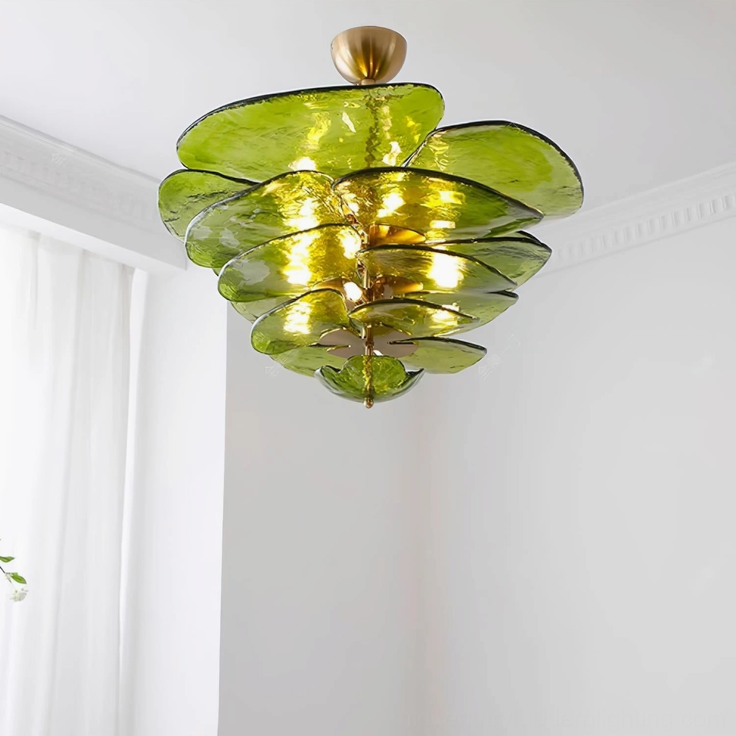 Lotus leaf Murano chandelier interior room setting showing scale and ambient lighting contribution