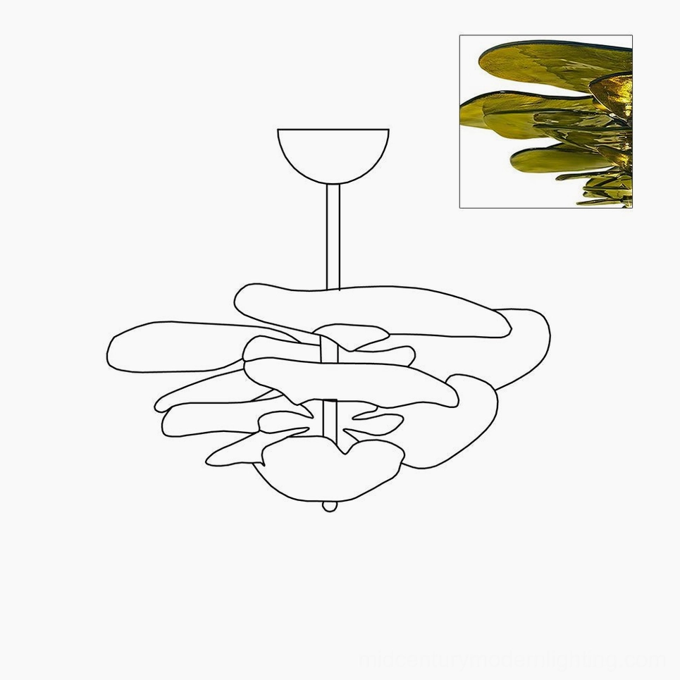 Lotus leaf Murano chandelier showing organic glass petal form and brass suspension system