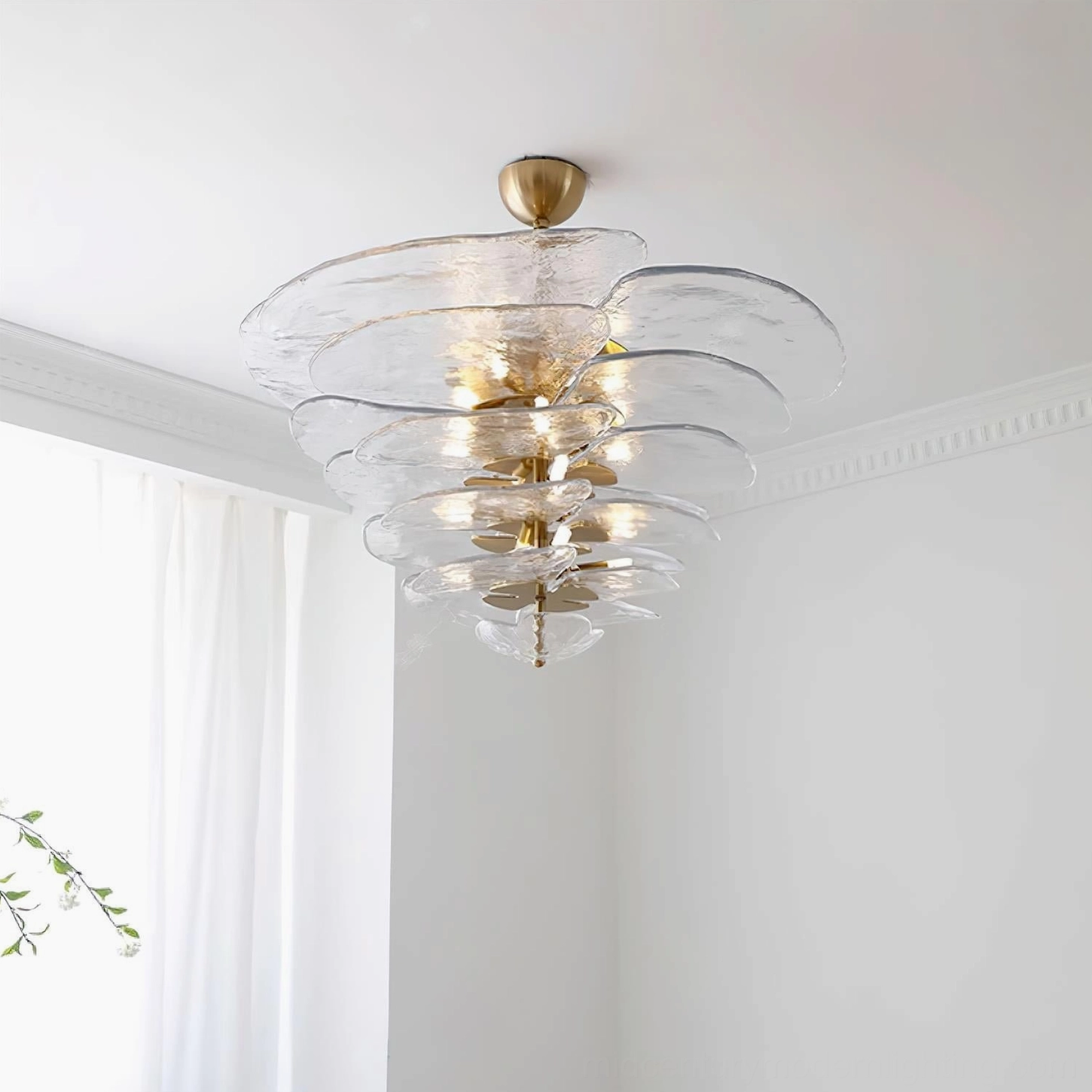 Lotus leaf Murano glass chandelier with sculptural petal form and complex glass assembly