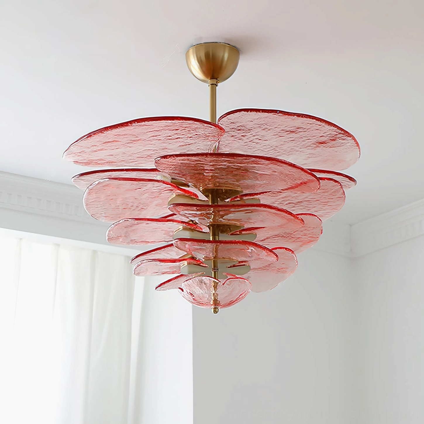 Lotus leaf Murano chandelier suspended ceiling feature with tiered glass petals in soft focus