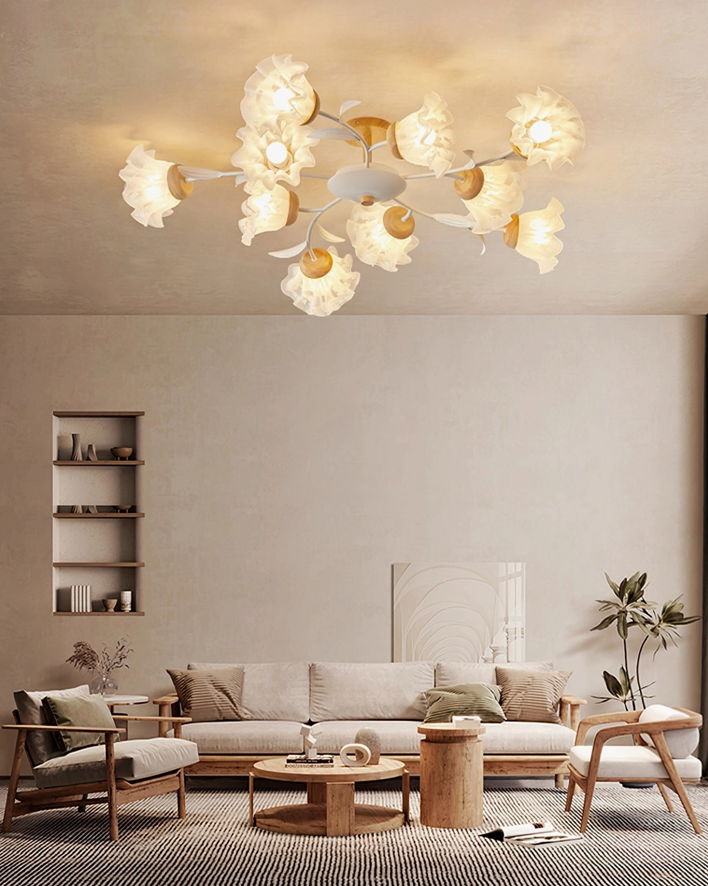 Floral branch ceiling light suspended above sofa lounge, Japanese-Nordic warm minimalist setting