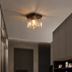 Black flush mount ceiling light installed in modern luxury entryway closet with warm ambient glow