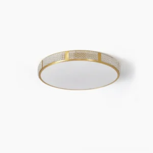 Lovate brass ceiling lamp with frosted acrylic shade, front view on white background, modern minimalist flush mount design