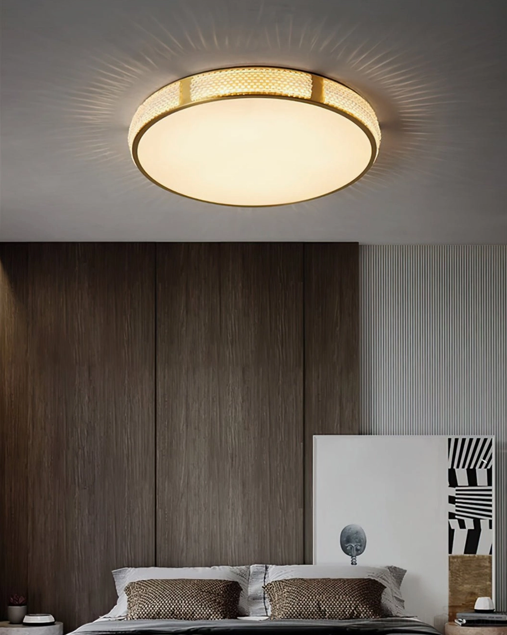 Lovate ceiling lamp with gold metal frame mounted in modern bedroom with wood accent wall, warm luxury lighting