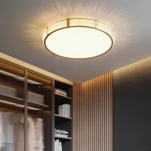 Lovate ceiling lamp installed in modern bedroom closet corner, warm gold ambient lighting creating cozy atmosphere