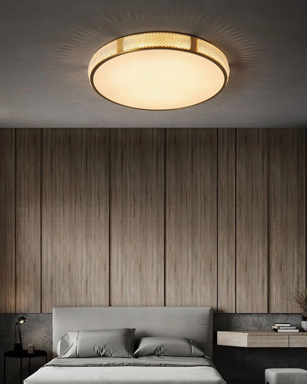 Lovate ceiling lamp with warm gold frame mounted above bedroom with full wood panel wall, cozy ambient lighting