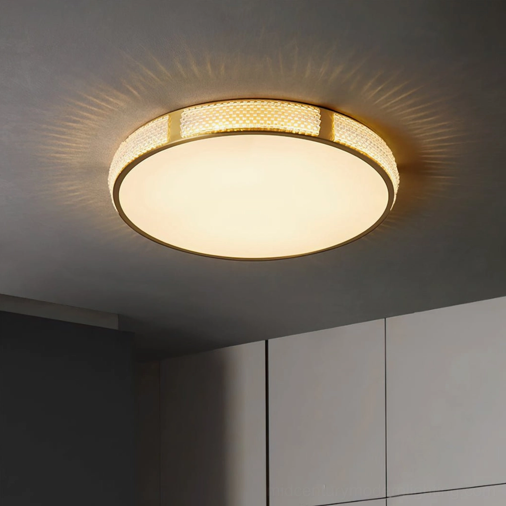 Lovate minimalist flush mount ceiling light product showcase with brass and acrylic materials, modern luxury aesthetic