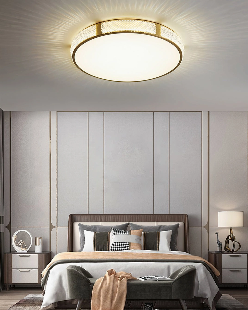 Lovate flush mount ceiling light above master bedroom with upholstered bed, soft neutral tone sleek round profile