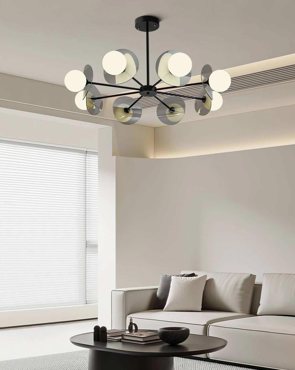 Low-profile ceiling sputnik chandelier front eye-level view in minimalist living room with light gray sofa and mixed metallic disc design