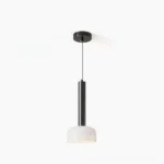 LU mid-century modern pendant lamp in black with white milky glass dome, minimalist Nordic design, studio shot