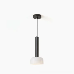 LU mid-century modern pendant lamp in black with white milky glass dome, minimalist Nordic design, studio shot