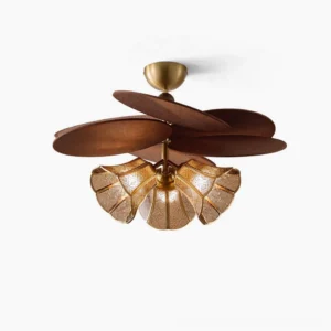 Lucca glass chandelier with three embossed brown-amber shades and warm brass frame, overhead studio view