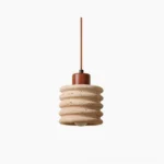 Luces travertine pendant light with walnut wood canopy, frontal studio view showcasing ridged beige stone texture