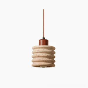 Luces travertine pendant light with walnut wood canopy, frontal studio view showcasing ridged beige stone texture
