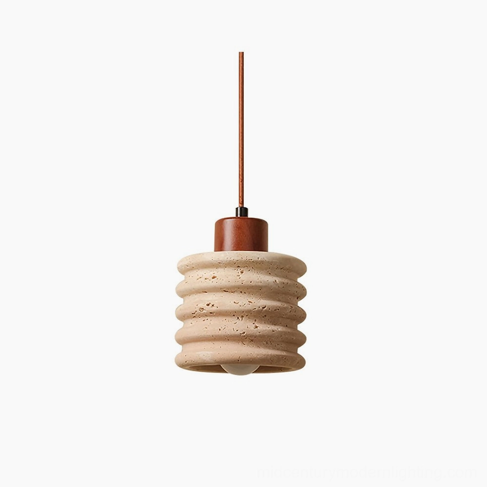 Luces travertine pendant light with walnut wood canopy, frontal studio view showcasing ridged beige stone texture