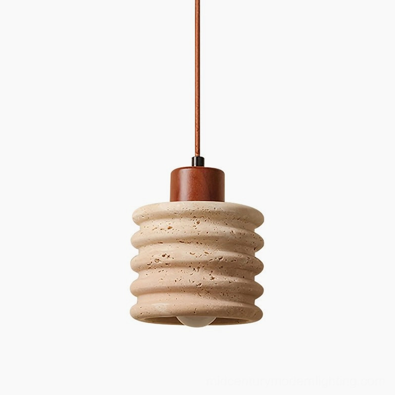 Luces travertine pendant light with walnut wood accents, complete product shot in neutral studio background