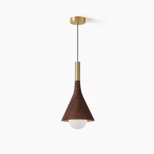 Lucian mid-century modern pendant lamp with tapered wood cone and brass accents, studio photography