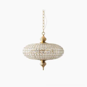 Lucille crystal pendant light front view with faceted crystal shade and antique brass frame on white background