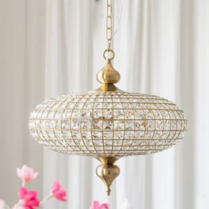 Lucille crystal pendant chandelier close-up showing decorative crystal facets and polished metal hardware with gold finish