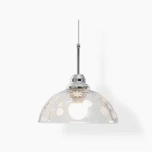 Lucinda etched glass pendant lamp with floral design and chrome hardware, direct frontal view in studio lighting