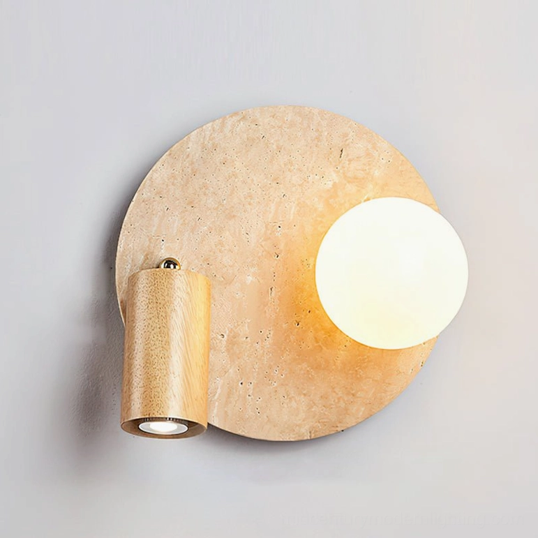 Luka Model A Travertine Wall Lamp 25cm circular backplate natural wood finish paired with beige travertine stone sculptural lighting